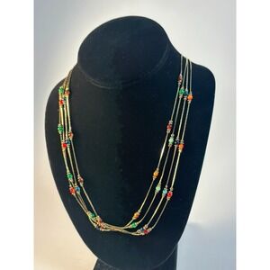 Necklace Delicate Gold Tone Multi Strand Chain Colored Beads Spring Ring 24  in